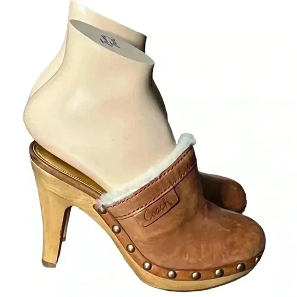 Coach Sherpa Lined Heeled Brown Studded Mules Sandal Size 6 - Picture 1 of 9